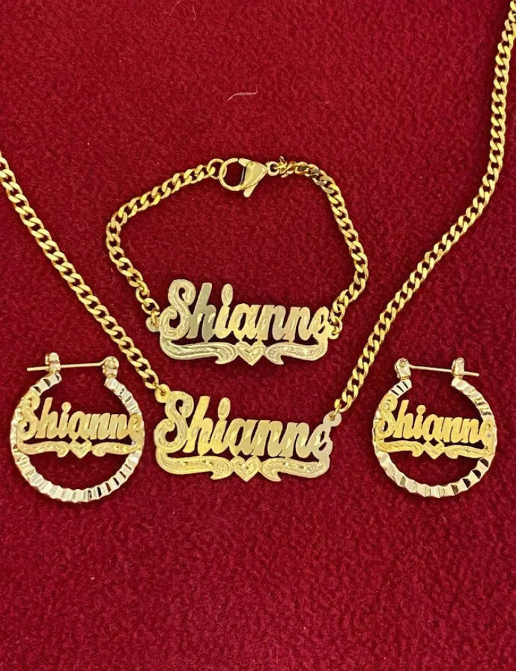 Baby Personalized 14k Gold Plated Name Necklace Earrings & Bracelet Set