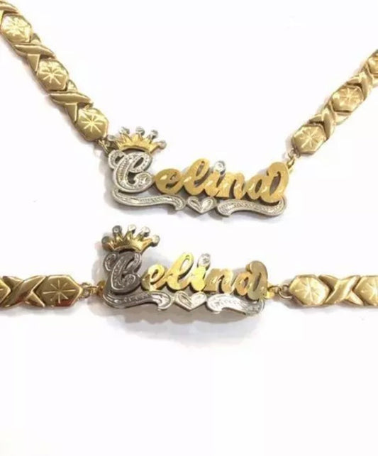 Unique 3D XO Design: 14K Gold Plated Name Necklace & Bracelet Set