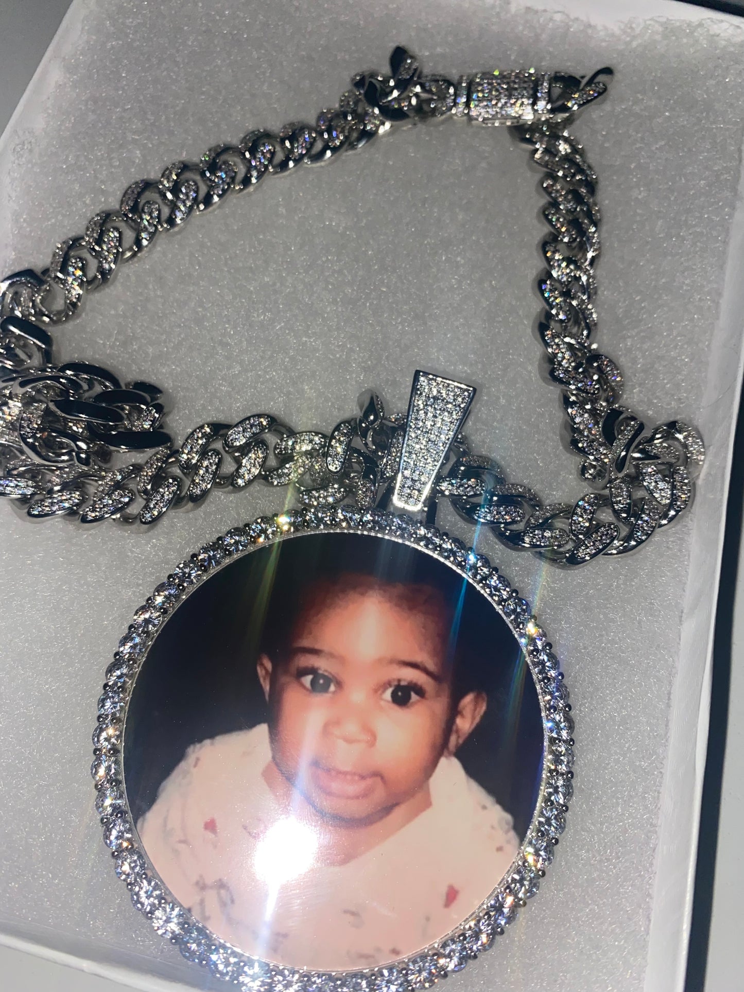 large photo pendant w/ chain 20 inch / iced out cuban / silver