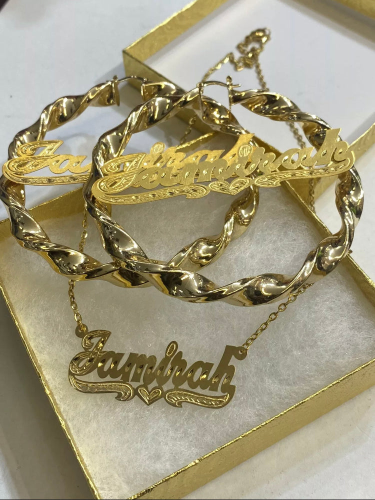 Custom Twist Name Earrings & Chain Set | 14K Gold Plated Personalized Jewelry