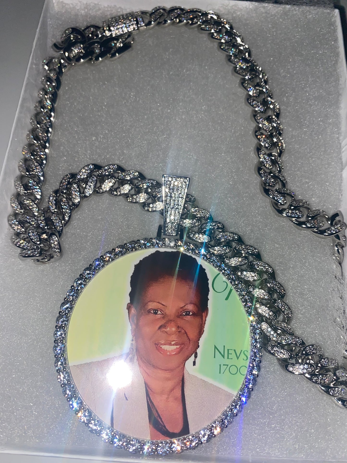 large photo pendant w/ chain 24 inch / iced out cuban / silver