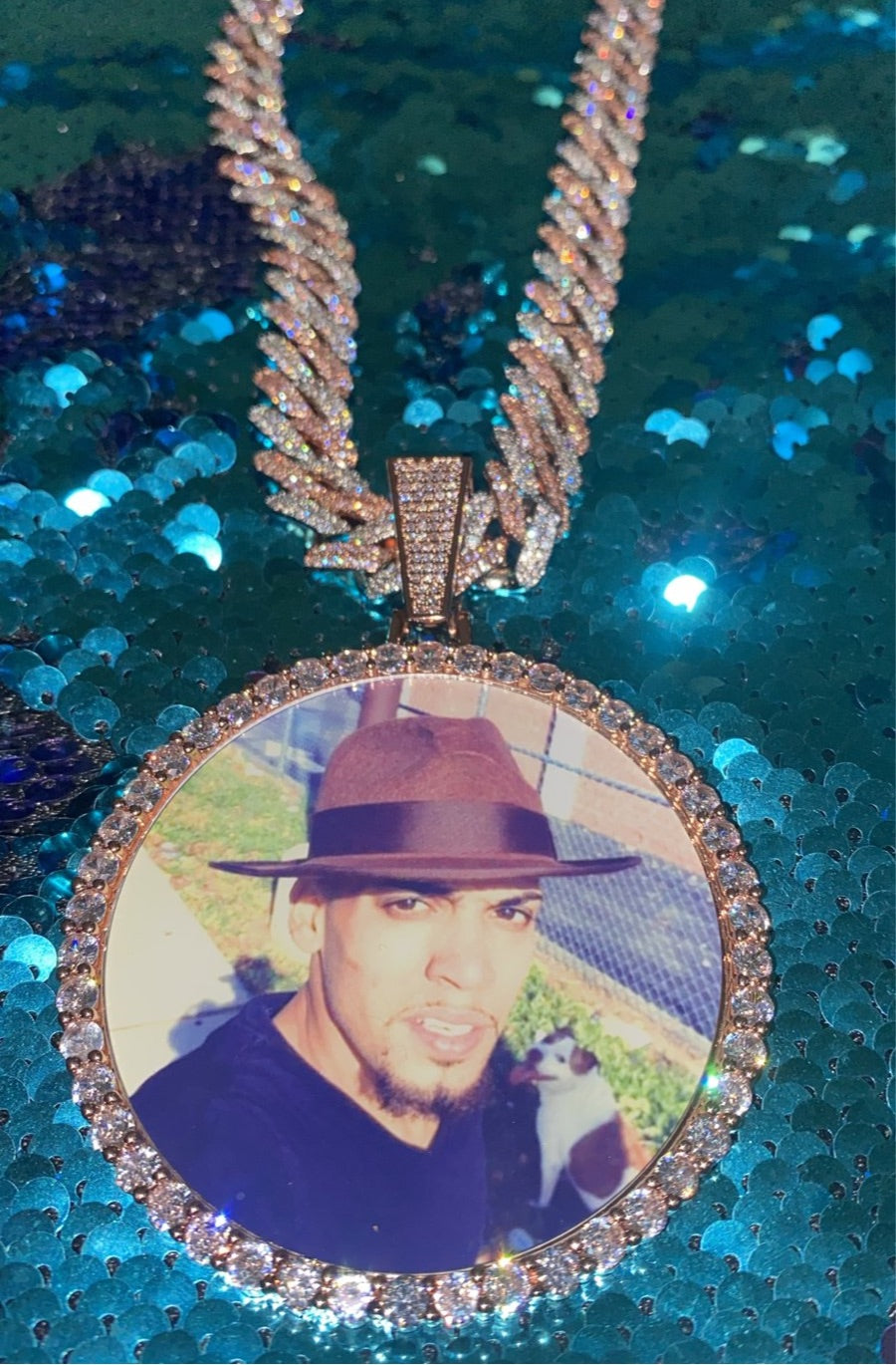 large photo pendant w/ chain 24 inch / iced out cuban / rose gold & silver